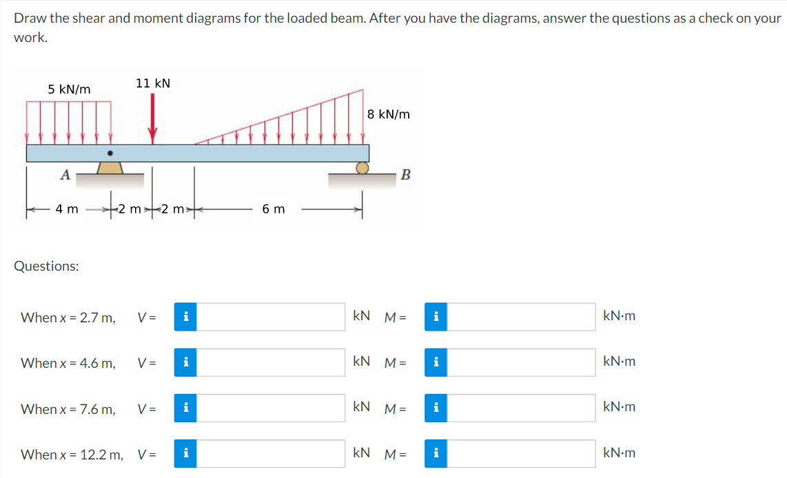 Draw the shear and moment diagrams for the loaded beam. After you have the diagrams, answer the questions as a check on your
work.
11 kN
5 kN/m
8 kN/m
A
B
4 m
m
6 m
m
Questions:
When x = 2.7 m,
V =
i
kN M=
i
kN-m
When x = 4.6 m,
V =
i
kN M=
i
kN-m
When x = 7.6 m,
V =
i
kN M=
i
kN-m
When x = 12.2 m, V=
i
kN M =
i
kN-m
