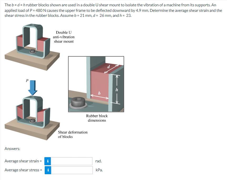 The bxdxhrubber blocks shown are used in a double U shear mount to isolate the vibration of a machine from its supports. An
applied load of P = 480 N causes the upper frame to be deflected downward by 4.9 mm. Determine the average shear strain and the
shear stress in the rubber blocks. Assume b = 21 mm, d = 26 mm, and h = 23.
Double U
anti-vibration
shear mount
d
P
h
Rubber block
dimensions
Shear deformation
of blocks
Answers:
Average shear strain = i
rad.
Average shear stress =
КРа.
