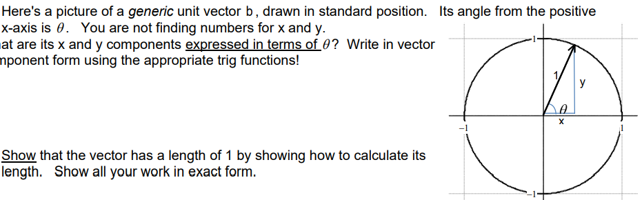 Here's a picture of a generic unit vector b, drawn in standard position. Its angle from the positive
X-axis is 0. You are not finding numbers for x and y.
at are its x and y components expressed in terms of 0? Write in vector
nponent form using the appropriate trig functions!
y
-1
Show that the vector has a length of 1 by showing how to calculate its
length. Show all your work in exact form.
