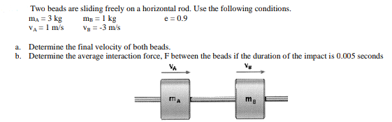 Two beads are sliding freely on a horizontal rod. Use the following conditions.
m₁ = 3 kg
mg = 1 kg
e=0.9
VA= 1 m/s
Va = -3 m/s
a. Determine the final velocity of both beads.
b. Determine the average interaction force, F between the beads if the duration of the impact is 0.005 seconds
VB
MA
ma