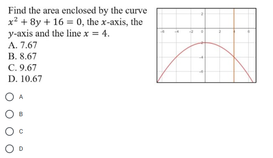 Find the area enclosed by the cur
x² + 8y + 16 = 0, the x-axis, the
y-axis and the line x = 4.
urve
2
A. 7.67
В. 8.67
C. 9.67
D. 10.67
A
B
C
O D
