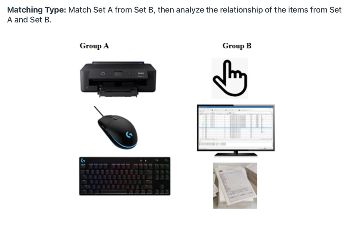 Matching Type: Match Set A from Set B, then analyze the relationship of the items from Set
A and Set B.
Group A
Group B
