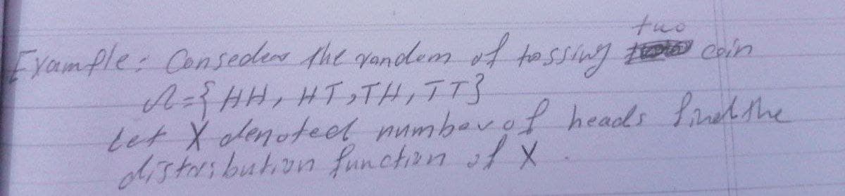 two
yample Conseder the yandemt tossing coin
let X olanoteel numbavof heads ehthe
distribuhion funchin fX
