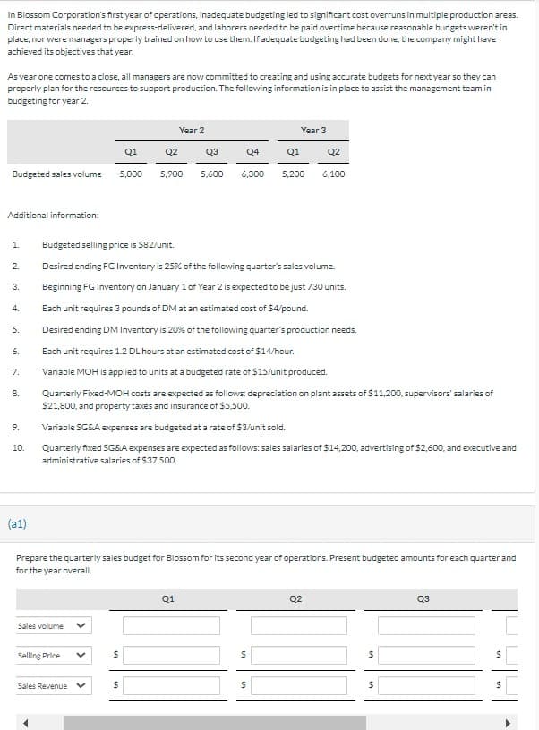 In Blossom Corporation's first year of operations, inadequate budgeting led to significant cost overruns in multiple production areas.
Direct materials needed to be express-delivered, and laborers needed to be paid overtime because reasonable budgets weren't in
place, nor were managers properly trained on how to use them. If adequate budgeting had been done, the company might have
achieved its objectives that year.
As year one comes to a close, all managers are now committed to creating and using accurate budgets for next year so they can
properly plan for the resources to support production. The following information is in place to assist the management team in
budgeting for year 2.
Budgeted sales volume
Additional information:
1.
2.
3.
4.
5.
6.
7.
8.
9.
10.
(a1)
Sales Volume
Selling Price
Sales Revenue
Q1
Q2
$
$
Year 2
Q3
Budgeted selling price is $82/unit.
Desired ending FG Inventory is 25% of the following quarter's sales volume.
Beginning FG Inventory on January 1 of Year 2 is expected to be just 730 units.
Each unit requires 3 pounds of DM at an estimated cost of $4/pound.
Desired ending DM Inventory is 20% of the following quarter's production needs.
Each unit requires 1.2 DL hours at an estimated cost of $14/hour.
Variable MOH is applied to units at a budgeted rate of $15/unit produced.
Quarterly Fixed-MOH costs are expected as follows: depreciation on plant assets of $11,200, supervisors' salaries of
$21,800, and property taxes and insurance of $5,500.
Variable SG&A expenses are budgeted at a rate of $3/unit sold.
Quarterly fixed SG&A expenses are expected as follows: sales salaries of $14,200, advertising of $2,600, and executive and
administrative salaries of $37,500.
Q4
Prepare the quarterly sales budget for Blossom for its second year of operations. Present budgeted amounts for each quarter and
for the year overall.
Q1
5,000 5,900 5,600 6,300 5,200 6,100
Q1
Year 3
$
$
Q2
Q2
$
$
Q3
19
549