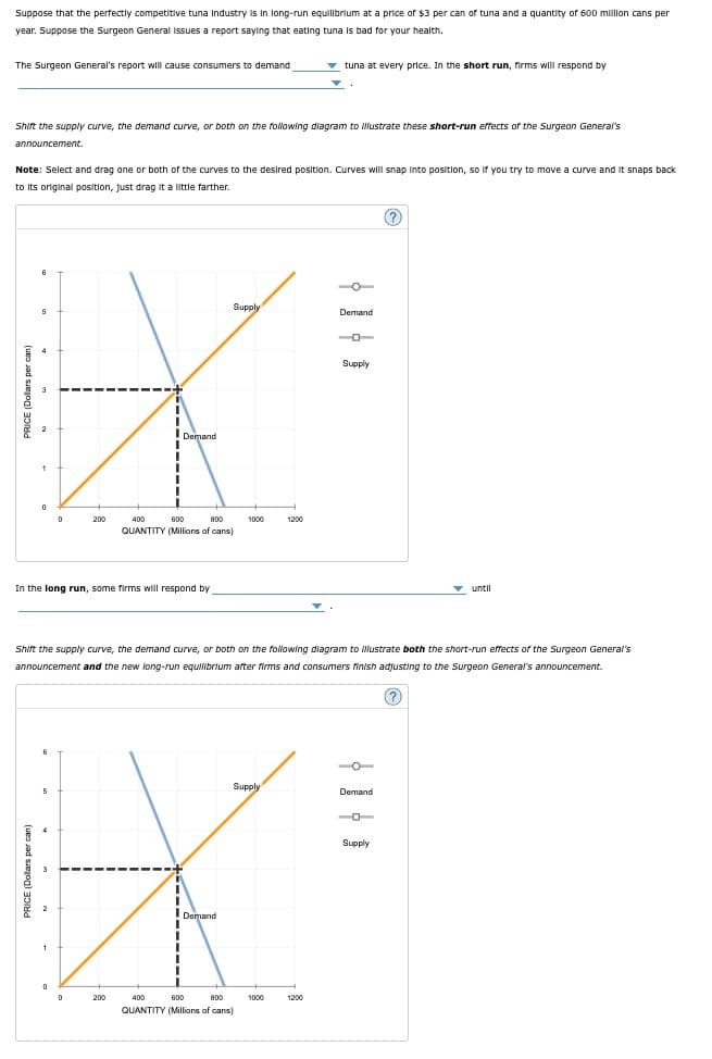 Suppose that the perfectly competitive tuna Industry is In long-run equilibrium at a price of $3 per can of tuna and a quantity of 600 million cans per
year. Suppose the Surgeon General Issues a report saying that eating tuna is bad for your health.
The Surgeon General's report will cause consumers to demand
Shift the supply curve, the demand curve, or both on the following diagram to illustrate these short-run effects of the Surgeon General's
announcement.
Note: Select and drag one or both of the curves to the desired position. Curves will snap into position, so if you try to move a curve and it snaps back
to its original position, just drag it a little farther.
Supply
X
Demand
400
600
800
QUANTITY (Millions of cans)
0
0
In the long run, some firms will respond by
5
0
200
0
200
Demand
1000
Shift the supply curve, the demand curve, or both on the following diagram to Illustrate both the short-run effects of the Surgeon General's
announcement and the new long-run equilibrium after firms and consumers finish adjusting to the Surgeon General's announcement.
Supply
400
600
800
QUANTITY (Millions of cans)
tuna at every price. In the short run, firms will respond by
1200
1000
1200
Demand
Supply
Demand
✓ until
Supply