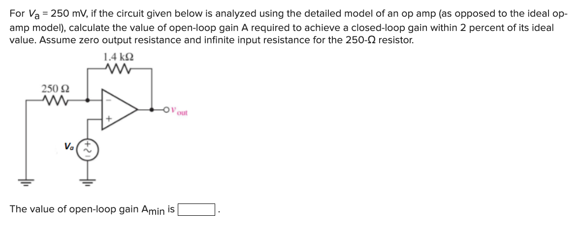 For Va = 250 mV, if the circuit given below is analyzed using the detailed model of an op amp (as opposed to the ideal op-
amp model), calculate the value of open-loop gain A required to achieve a closed-loop gain within 2 percent of its ideal
value. Assume zero output resistance and infinite input resistance for the 250- resistor.
1.4 ΚΩ
250 92
Va
Ovout
The value of open-loop gain Amin is