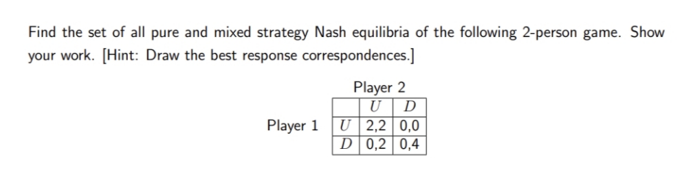 Find the set of all pure and mixed strategy Nash equilibria of the following 2-person game. Show
your work. [Hint: Draw the best response correspondences.]
Player 2
U D
Player 1
U 2,2 0,0
D
0,2
0,4
