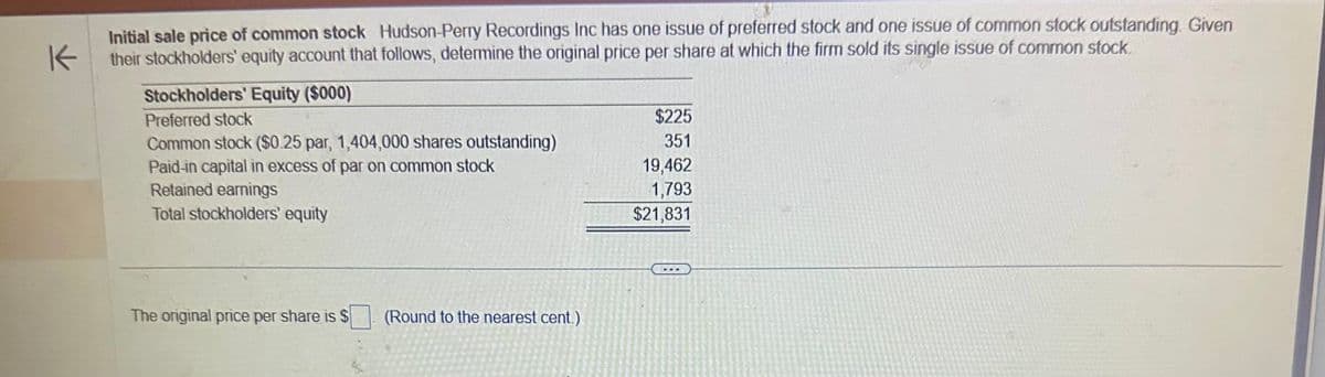 K
Initial sale price of common stock Hudson-Perry Recordings Inc has one issue of preferred stock and one issue of common stock outstanding. Given
their stockholders' equity account that follows, determine the original price per share at which the firm sold its single issue of common stock.
Stockholders' Equity ($000)
Preferred stock
Common stock ($0.25 par, 1,404,000 shares outstanding)
Paid-in capital in excess of par on common stock
Retained earnings
Total stockholders' equity
The original price per share is $
(Round to the nearest cent.)
$225
351
19,462
1,793
$21,831