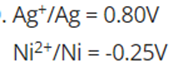 -. Ag*/Ag = 0.80V
Ni2+/Ni = -0.25V
