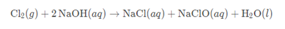 Cl2(g) + 2 NaOH(aq) → NaC1(aq) +NaCl0(aq) + H20(1)
