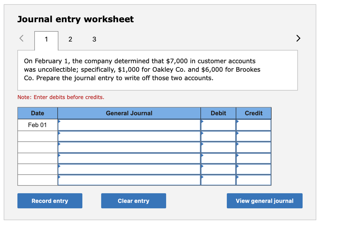 Journal entry worksheet
1
2
3.
On February 1, the company determined that $7,000 in customer accounts
was uncollectible; specifically, $1,000 for Oakley Co. and $6,000 for Brookes
Co. Prepare the journal entry to write off those two accounts.
Note: Enter debits before credits.
Date
General Journal
Debit
Credit
Feb 01
Record entry
Clear entry
View general journal
