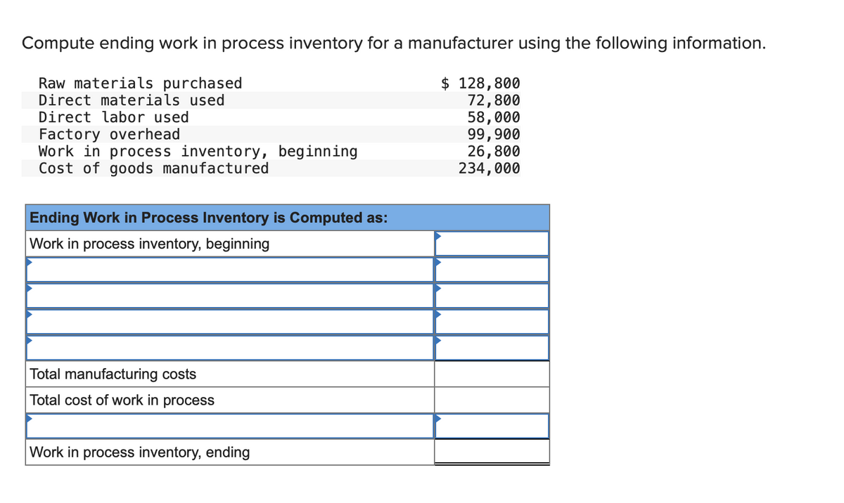 Compute ending work in process inventory for a manufacturer using the following information.
Raw materials purchased
Direct materials used
Direct labor used
Factory overhead
Work in process inventory, beginning
Cost of goods manufactured
Ending Work in Process Inventory is Computed as:
Work in process inventory, beginning
Total manufacturing costs
Total cost of work in process
Work in process inventory, ending
$ 128,800
72,800
58,000
99,900
26,800
234,000