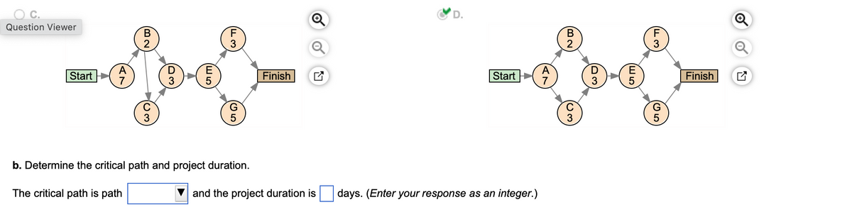 C.
Question Viewer
(B2)
(F3
D.
(B2)
F3
☑
A
D
Ε
Start
Finish
7
3
5
C
3
05
G
and the project duration is
days. (Enter your response as an integer.)
A
D
Ε
Start
Finish
7
3
5
C
3
G
5
b. Determine the critical path and project duration.
The critical path is path