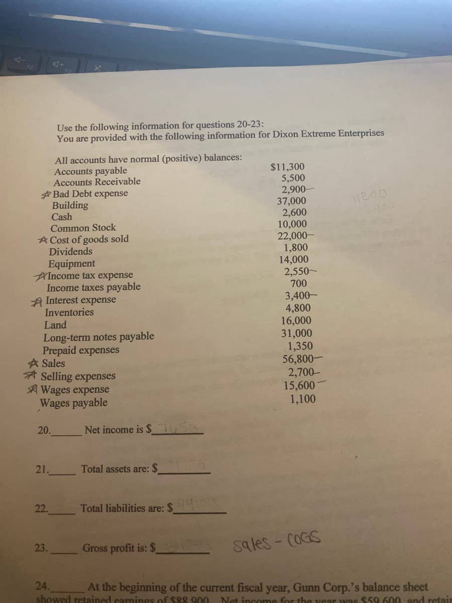 F2
Use the following information for questions 20-23:
You are provided with the following information for Dixon Extreme Enterprises
All accounts have normal (positive) balances:
Accounts payable
Accounts Receivable
* Bad Debt expense
Building
Cash
$11,300
5,500
2,900-
37,000
2,600
10,000
22,000-
1,800
14,000
2,550-
700
11200
900
Common Stock
A Cost of goods sold
Dividends
Equipment
AIncome tax expense
Income taxes payable
A Interest expense
Inventories
3,400-
4,800
16,000
31,000
1,350
56,800-
2,700-
15,600
1,100
Land
Long-term notes payable
Prepaid expenses
A Sales
A Selling expenses
A Wages expense
Wages payable
20.
Net income is $
21.
Total assets are: $
22.
Total liabilities are: $
23.
Gross profit is: $
sales- COGS
24.
At the beginning of the current fiscal year, Gunn Corp.'s balance sheet
showed retained earnings of $88 900 Net income for the vear was $59 600 and retair
