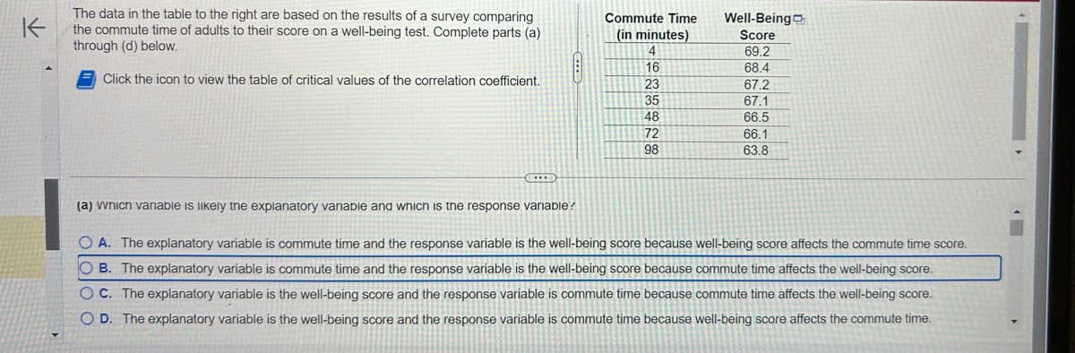 K
The data in the table to the right are based on the results of a survey comparing
the commute time of adults to their score on a well-being test. Complete parts (a)
through (d) below.
Click the icon to view the table of critical values of the correlation coefficient.
C
(a) which variable is likely the explanatory variable and which is the response variable?
Commute Time
(in minutes)
4
16
23
35
48
72
98
Well-Being
Score
69.2
68.4
67.2
67.1
66.5
66.1
63.8
O A. The explanatory variable is commute time and the response variable is the well-being score because well-being score affects the commute time score.
OB. The explanatory variable is commute time and the response variable is the well-being score because commute time affects the well-being score.
OC. The explanatory variable is the well-being score and the response variable is commute time because commute time affects the well-being score.
O D. The explanatory variable is the well-being score and the response variable is commute time because well-being score affects the commute time.
1