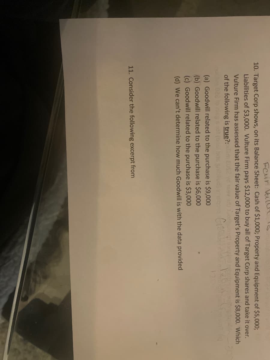 Fcuir Vula s
10. Target Corp shows, on its Balance Sheet: Cash of $1,000; Property and Equipment of $5,000;
Liabilities of $3,000. Vulture Firm pays $12,000 to buy all of Target Corp shares and take it over.
Vulture Firm has assessed that the fair value of Target's Property and Equipment is $8,000. Which
of the following is true?:im EUS2 yd
noikm 022 o nie
ot (bnsl bas snibl
(a) Goodwill related to the purchase is $9,000
(b) Goodwill related to the purchase is $6,000
(c) Goodwill related to the purchase is $3,000
(d) We can't determine how much Goodwill is with the data provided
11. Consider the following excerpt from
