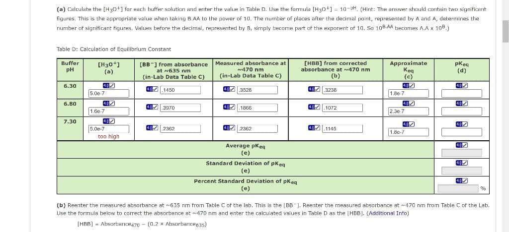 (a) Calculate the [H30+] for each buffer solution and enter the value in Table D. Use the formula [H;0+] = 10-PH. (Hint: The answer should contain twvo significant
figures. This is the appropriate value when taking B.AA to the power of 10. The number of places after the decimal point, represented by A and A, determines the
number of significant figures, Values before the decimal, represented by B, simply become part of the exponent of 10. So 10B.AA becomes A.A x 1oB.)
Table D: Calculation of Equilibrium Constant
Buffer
Measured absorbance at
[H30+]
(a)
[BB"] from absorbance
at N635 nm
(in-Lab Data Table C)
[HBB] from corrected
absorbance at 470 nm
Approximate
Keg
(c)
pKeg
(d)
pH
N470 nm
(in-Lab Data Table C)
(ь)
6.30
4.0
4.0
4.0
.1450
4.0
49.3528
40.3238
5.0e-7
1.8e-7
6.80
4.0
4.0
4.0
40.3970
40.1866
40.1072
1.6e-7
2.3e-7
7.30
40
4.0
4.0
5.0e-7
4 .2362
40
.2362
1.1145
1.8e-7
too high
Average pkeg
(e)
Standard Deviation of pK eg
4.0
(e)
Percent Standard Deviation of pkeg
40
(e)
%
(b) Reenter the measured absorbance at 635 nm from Table C of the lab. This is the [BB-]. Reenter the measured absorbance at 470 nm from Table C of the Lab.
Use the formula below to correct the absorbance at 470 nm and enter the calculated values in Table D as the [HBB]. (Additional Info)
[HBB] = Absortance470 - (0.2 x Absorbance63s)
