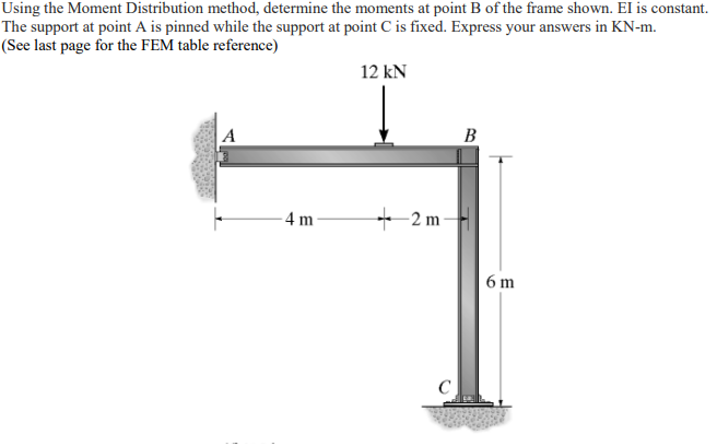 Using the Moment Distribution method, determine the moments at point B of the frame shown. El is constant.
The support at point A is pinned while the support at point C is fixed. Express your answers in KN-m.
(See last page for the FEM table reference)
12 kN
A
B
4 m
+ 2 m
6 m
