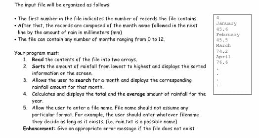 The input file will be organized as follows:
• The first number in the file indicates the number of records the file contains.
· After that, the records are composed of the month name followed in the next
line by the amount of rain in millimeters (mm)
• The file can contain any number of months ranging from 0 to 12.
January
45.6
February
45.5
March
74.2
Your program must:
1. Read the contents of the file into two arrays.
2. Sorts the amount of rainfall from lowest to highest and displays the sorted
April
76.6
information on the screen.
3. Allows the user to search for a month and displays the corresponding
rainfall amount for that month.
4. Calculates and displays the total and the average amount of rainfall for the
year.
5. Allow the user to enter a file name. File name should rnot assume any
particular format. For example, the user should enter whatever filename
they decide as long as it exists. (i.e. rain.txt is a possible name)
Enhancement: Give an appropriate error message if the file does not exist
