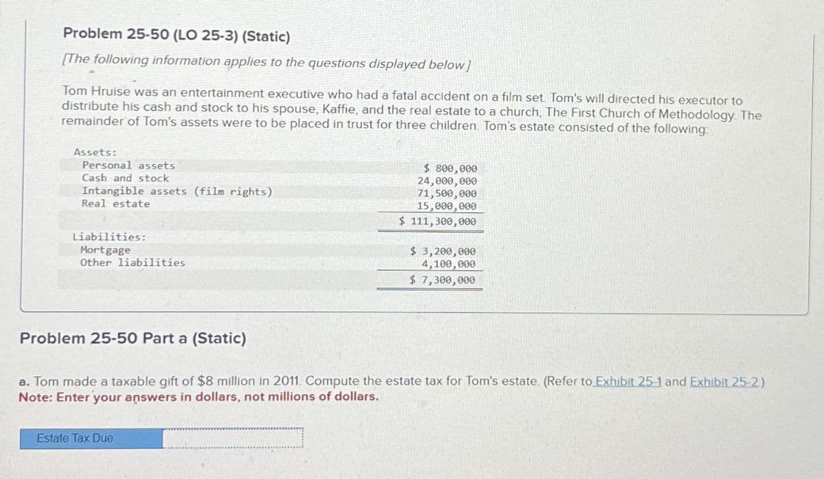 Problem 25-50 (LO 25-3) (Static)
[The following information applies to the questions displayed below]
Tom Hruise was an entertainment executive who had a fatal accident on a film set. Tom's will directed his executor to
distribute his cash and stock to his spouse, Kaffie, and the real estate to a church, The First Church of Methodology. The
remainder of Tom's assets were to be placed in trust for three children. Tom's estate consisted of the following:
Assets:
Personal assets
Cash and stock
Intangible assets (film rights)
Real estate
Liabilities:
Mortgage
Other liabilities
$ 800,000
24,000,000
71,500,000
15,000,000
$ 111,300,000
$ 3,200,000
4,100,000
$ 7,300,000
Problem 25-50 Part a (Static)
a. Tom made a taxable gift of $8 million in 2011. Compute the estate tax for Tom's estate. (Refer to Exhibit 25-1 and Exhibit 25-2)
Note: Enter your answers in dollars, not millions of dollars.
Estate Tax Due