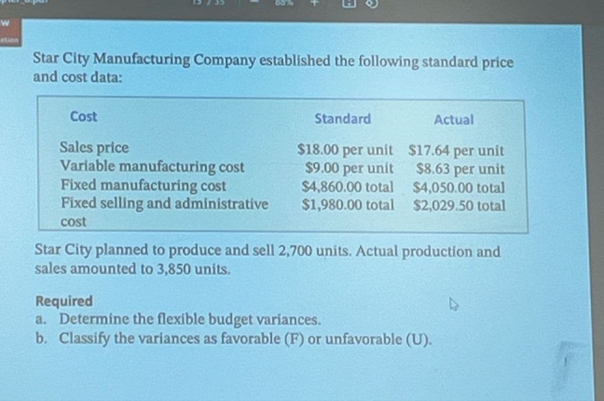 W
E
ation
Star City Manufacturing Company established the following standard price
and cost data:
Cost
Sales price
Fixed manufacturing cost
Standard
Actual
$18.00 per unit
$17.64 per unit
Variable manufacturing cost
$9.00 per unit
$8.63 per unit
$4,860.00 total
$4,050.00 total
Fixed selling and administrative
$1,980.00 total
$2,029.50 total
cost
Star City planned to produce and sell 2,700 units. Actual production and
sales amounted to 3,850 units.
Required
a. Determine the flexible budget variances.
b. Classify the variances as favorable (F) or unfavorable (U).