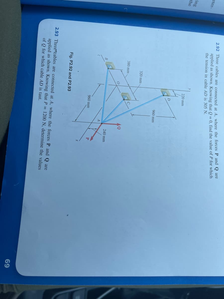 eter-
ing
the
2.92 Three cables are connected at A, where the forces P and Q are
applied as shown. Knowing that Q = 0, find the value of P for which
the tension in cable AD is 305 N.
320 mm
380 mm
Fig. P2.92 and P2.93
220 mm
E
960 mm
960 mm
A
AQ
240 mm
2.93 Three cables are connected at A, where the forces P and Q are
applied as shown. Knowing that P = 1200 N, determine the values
of Q for which cable AD is taut.
69