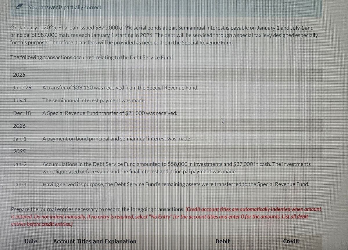 On January 1, 2025. Pharoah issued $870,000 of 9% serial bonds at par. Semiannual interest is payable on January 1 and July 1 and
principal of $87.000 matures each January 1 starting in 2026. The debt will be serviced through a special tax levy designed especially
for this purpose. Therefore, transfers will be provided as needed from the Special Revenue Fund.
The following transactions occurred relating to the Debt Service Fund.
2025
June 29
July 1
Dec. 18
2026
Jan. 1
Your answer is partially correct.
2035
Jan. 2
Jan. 4
A transfer of $39,150 was received from the Special Revenue Fund.
The semiannual interest payment was made.
A Special Revenue Fund transfer of $21,000 was received.
Date
A payment on bond principal and semiannual interest was made.
Accumulations in the Debt Service Fund amounted to $58,000 in investments and $37.000 in cash. The investments
were liquidated at face value and the final interest and principal payment was made.
Having served its purpose, the Debt Service Fund's remaining assets were transferred to the Special Revenue Fund.
Prepare the journal entries necessary to record the foregoing transactions. (Credit account titles are automatically indented when amount
is entered. Do not indent manually. If no entry is required, select "No Entry" for the account titles and enter O for the amounts. List all debit
entries before credit entries.)
Account Titles and Explanation
Debit
Credit