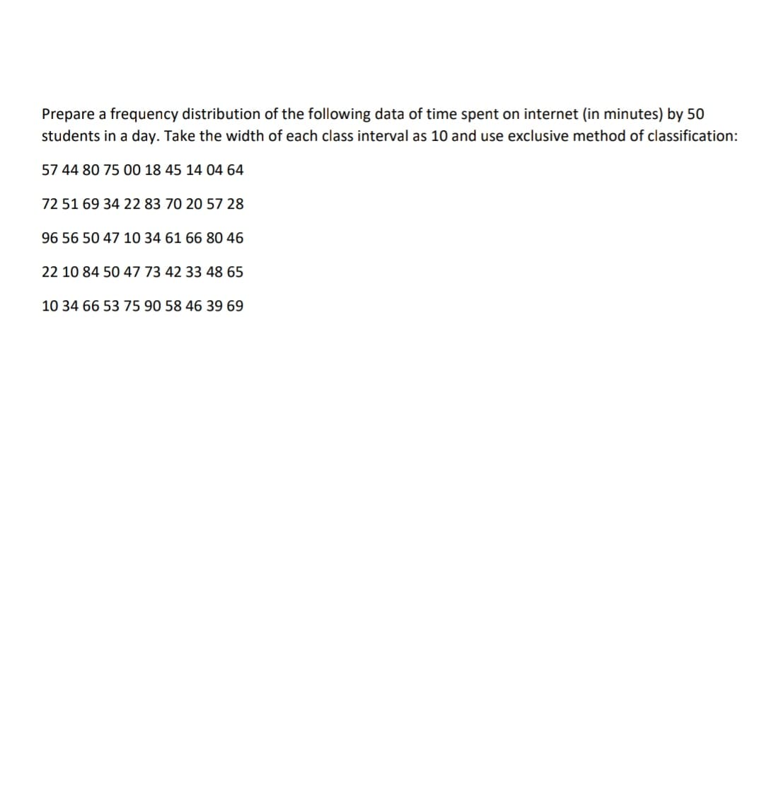 Prepare a frequency distribution of the following data of time spent on internet (in minutes) by 50
students in a day. Take the width of each class interval as 10 and use exclusive method of classification:
57 44 80 75 00 18 45 14 04 64
72 51 69 34 22 83 70 20 57 28
96 56 50 47 10 34 61 66 80 46
22 10 84 50 47 73 42 33 48 65
10 34 66 53 75 90 58 46 39 69
