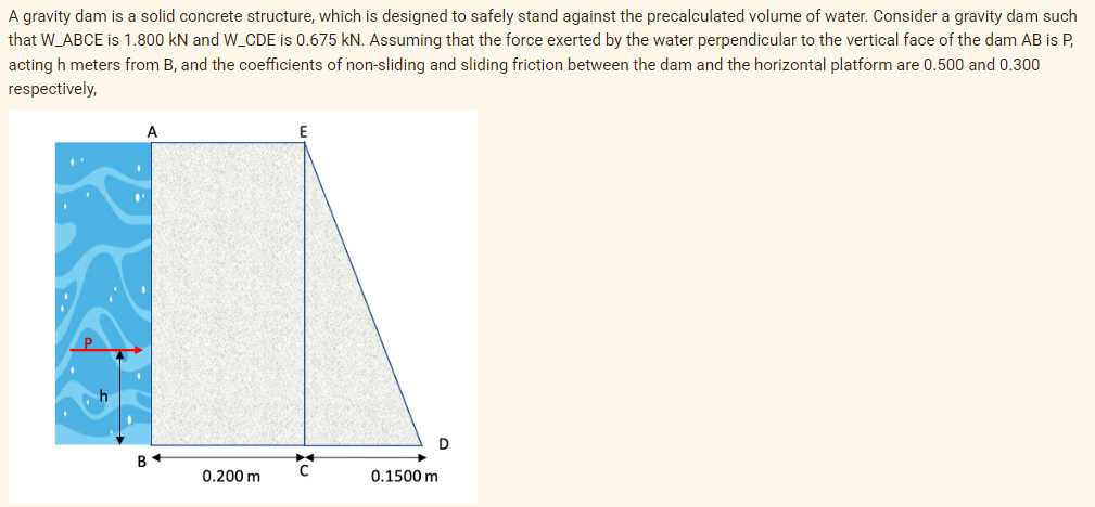 A gravity dam is a solid concrete structure, which is designed to safely stand against the precalculated volume of water. Consider a gravity dam such
that W_ABCE is 1.800 kN and W_CDE is 0.675 kN. Assuming that the force exerted by the water perpendicular to the vertical face of the dam AB is P,
acting h meters from B, and the coefficients of non-sliding and sliding friction between the dam and the horizontal platform are 0.500 and 0.300
respectively,
A
D
B
0.200 m
0.1500 m
