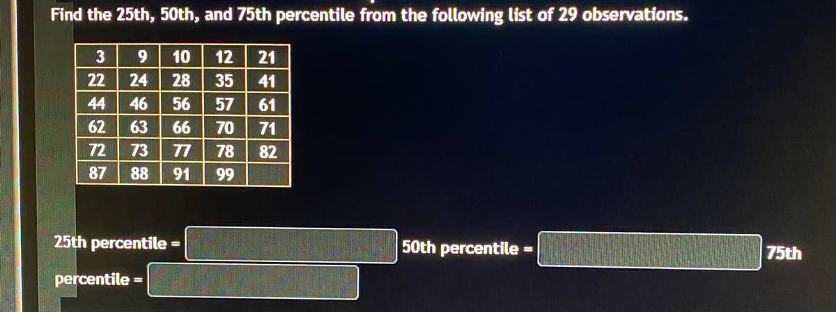 Find the 25th, 50th, and 75th percentile from the following list of 29 observations.
10
12
21
22
24
28
35
41
44
46
56
57
61
62
63
66
70
71
72
73
77
78
82
87
88
91
99
25th percentile
50th percentile
%3D
75th
percentile =
