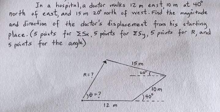 In a hospital, a doctor walks 12 m east, 10 m at 40°
nor th of east, and 15 m 20° north of west. Find the magnitude
and direction of the doctor's dis placement from his starting
place. (5 points for E Sx,5 points for ZSy, 5 points for R, and
5 points for the angle)
15 m
R=?
20 -
10m
240
40°
12 m
