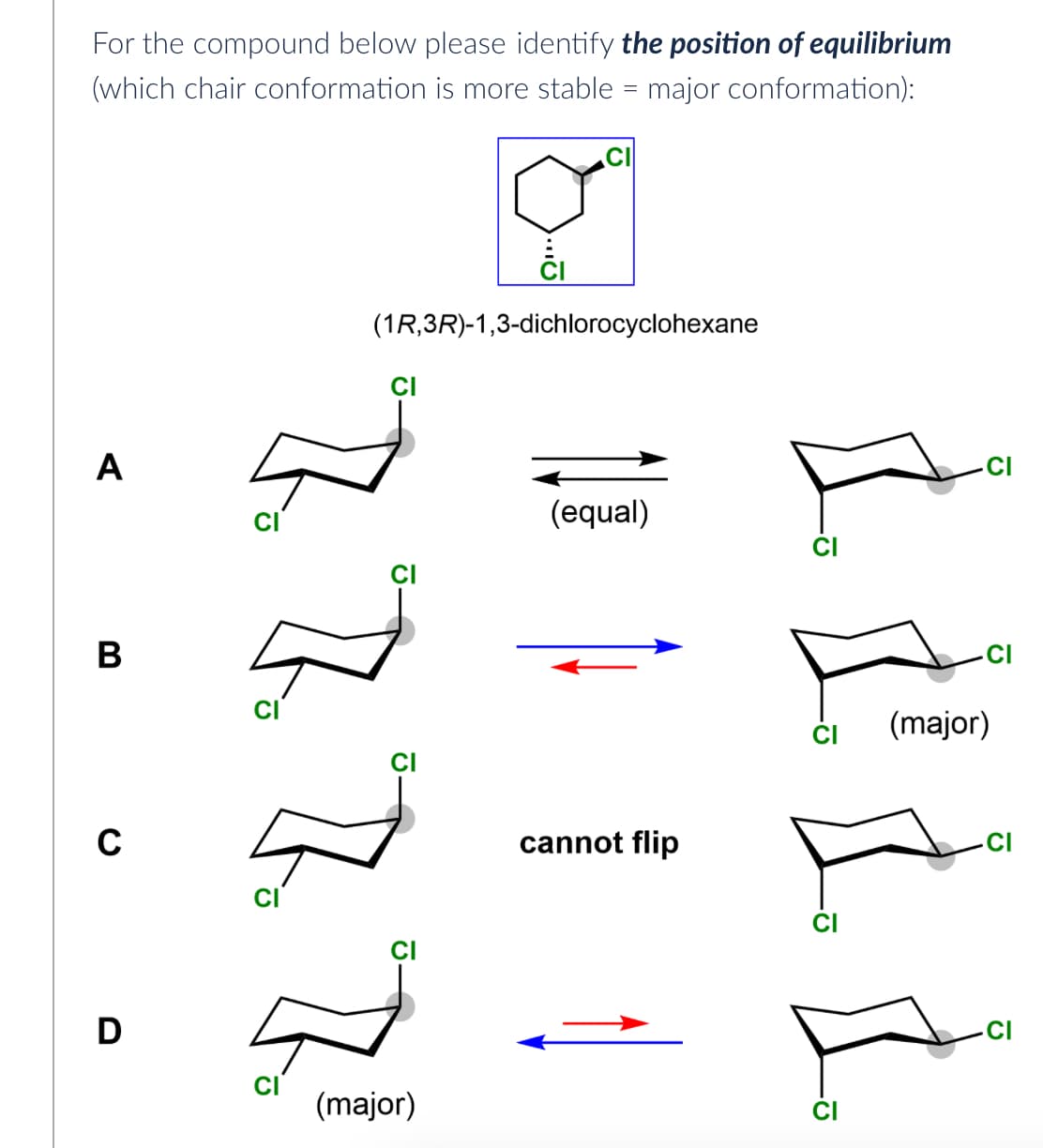 For the compound below please identify the position of equilibrium
(which chair conformation is more stable = major conformation):
A
B
C
(1R,3R)-1,3-dichlorocyclohexane
CI
CI
CI
D
(major)
(equal)
CI
cannot flip
CI
CI
(major)
CI
CI