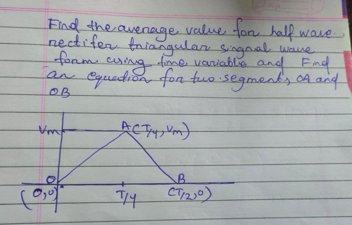 Find the avernage value ton half wave.
nectifer taiangular singnal wane
form cuim
erng fime vaniable and Fnd
an Cquadion fon tuo segments A and
OB
B.
T/4
