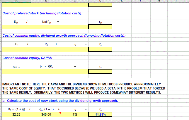 Cost of preferred stock (including flotation costs):
Net Pe
Cost of common equity, dividend growth approach (ignoring flotation costs):
D,
Po
Cost of common equity, CAPM:
b x RPM
IMPORTANT NOTE: HERE THE CAPM AND THE DIVIDEND GROWTH METHODS PRODUCE APPROXIMATELY
THE SAME COST OF EQUITY. THAT OCCURRED BECAUSE WE USED A BETA IN THE PROBLEM THAT FORCED
THE SAME RESULT. ORDINARILY, THE TWO METHODS WILL PRODUCE SOMEWHAT DIFFERENT RESULTS.
b. Calculate the cost of new stock using the dividend growth approach.
Do x (1 + g) /
Po. (1 - F)
$2.25
$45.00
7%
11.99%
