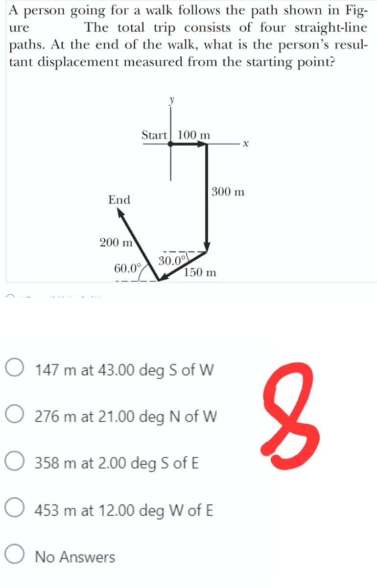 A person going for a walk follows the path shown in Fig-
The total trip consists of four straight-line
paths. At the end of the walk, what is the person's resul-
tant displacement measured from the starting point?
ure
Start 100 m
300 m
End
200 m
30.0
150 m
60.0%
O 147 m at 43.00 deg S of W
8
O 276 m at 21.00 deg N of W
O 358 m at 2.00 deg S of E
O 453 m at 12.00 deg W of E
O No Answers
