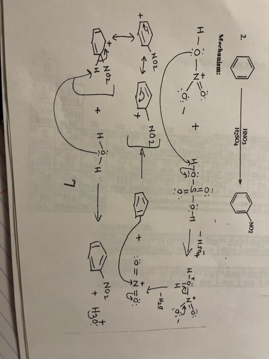 2.
Mechanism:
H-O-
-
NOZ
NO₂
H
0:
0:
HNO3
H2SO4
+
NO2
لاقا
J
HH -
O:
7
-NO2
-H504
+
•N=0:
iJ
-H₂0
ZO:
N02
+
H30: