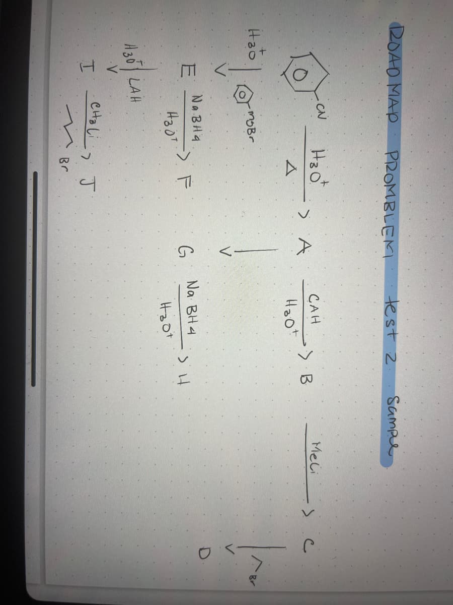 ROAD MAP
Hao
|
E
H30 LAH
I
MsBr
Na BHa
H30¹
PROMBLEM
H₂0
-> F
cha li, Г
Br
A
G
test 2
CAH
H₂0¹
Na BH4
На от
>B
SH
Sampe
Meli
->.C