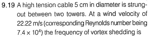 9.19 A high tension cable 5 cm in diameter is strung-
out between two towers. At a wind velocity of
22.22 m/s (corresponding Reynolds number being
7.4 x 104) the frequency of vortex shedding is