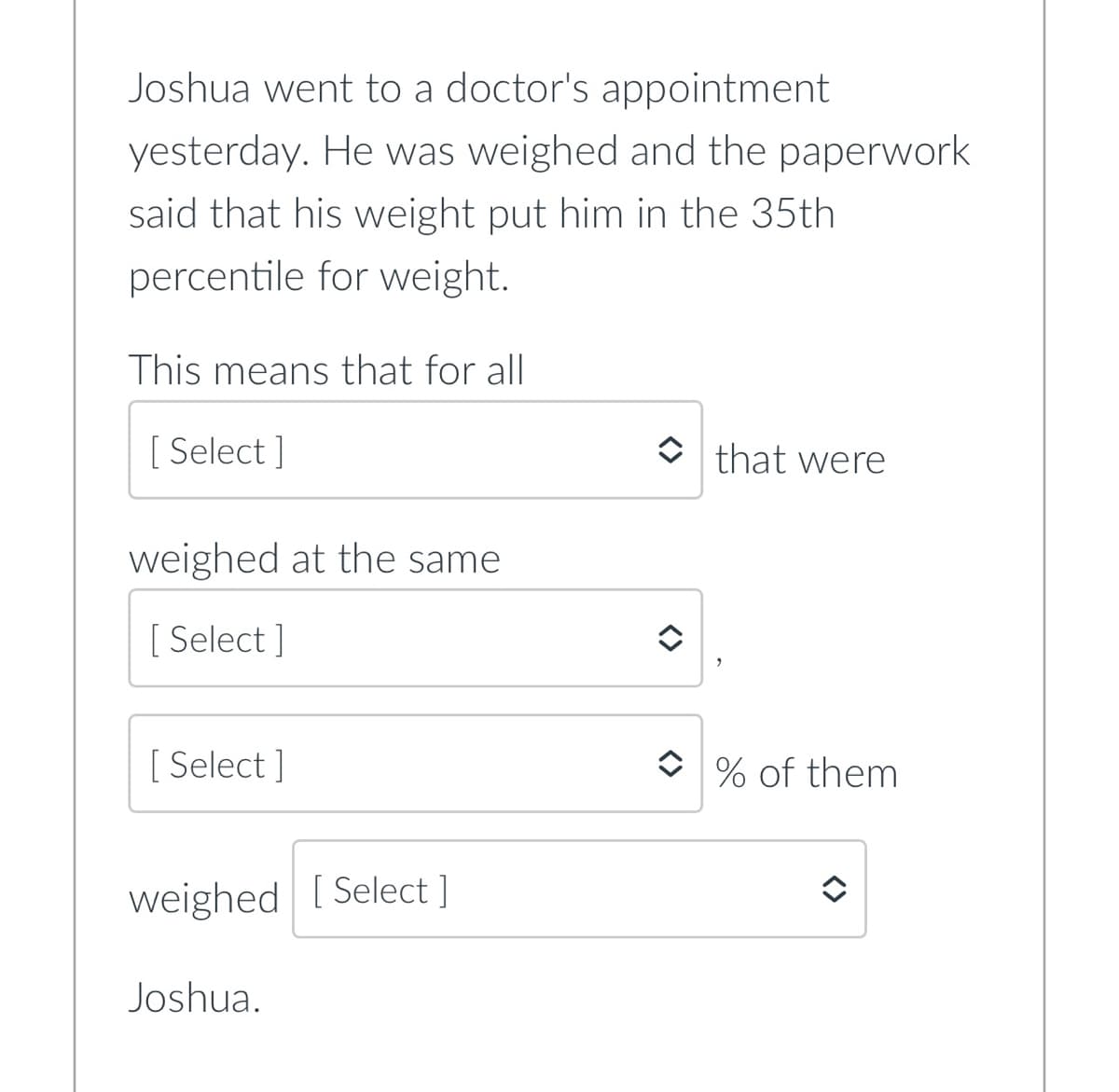 Joshua went to a doctor's appointment
yesterday. He was weighed and the paperwork
said that his weight put him in the 35th
percentile for weight.
This means that for all
[Select]
that were
weighed at the same
[Select]
[Select]
% of them
weighed [Select ]
Joshua.