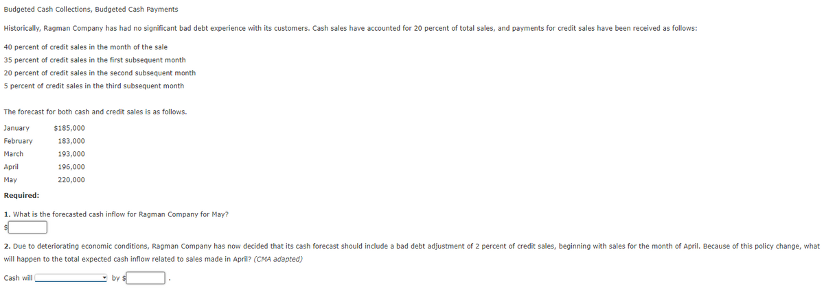 Budgeted Cash Collections, Budgeted Cash Payments
Historically, Ragman Company has had no significant bad debt experience with its customers. Cash sales have accounted for 20 percent of total sales, and payments for credit sales have been received as follows:
40 percent of credit sales in the month of the sale
35 percent of credit sales in the first subseguent month
20 percent of credit sales in the second subsequent month
5 percent of credit sales in the third subsequent month
The forecast for both cash and credit sales is as follows.
January
$185,000
February
183,000
March
193,000
April
196,000
May
220,000
Required:
1. What is the forecasted cash inflow for Ragman Company for May?
2. Due to deteriorating economic conditions, Ragman Company has now decided that its cash forecast should include a bad debt adjustment of 2 percent of credit sales, beginning with sales for the month of April. Because of this policy change, what
will happen to the total expected cash inflow related to sales made in April? (CMA adapted)
Cash will
by $
