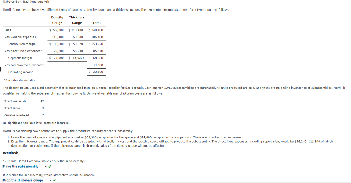 Make-or-Buy, Traditional Analysis
Morrill Company produces two different types of gauges: a density gauge and a thickness gauge. The segmented income statement for a typical quarter follows.
Density
Gauge
Thickness
Gauge
Total
Sales
$ 222,000
$ 118,400 $ 340,400
Less variable expenses
118,400
68,080
186,480
Contribution margin
$ 103,600
$ 50,320
$ 153,920
Less direct fixed expenses*
29,600
56,240
85,840
Segment margin
$ 74,000 $ (5,920)
$ 68,080
44,400
Less common fixed expenses
Operating income
$ 23,680
* Includes depreciation.
The density gauge uses a subassembly that is purchased from an external supplier for $25 per unit. Each quarter, 2,960 subassemblies are purchased. All units produced are sold, and there are no ending inventories of subassemblies. Morrill is
considering making the subassembly rather than buying it. Unit-level variable manufacturing costs are as follows:
Direct materials
$2
Direct labor
3
Variable overhead
2
No significant non-unit-level costs are incurred.
Morrill is considering two alternatives to supply the productive capacity for the subassembly.
1. Lease the needed space and equipment at a cost of $39,960 per quarter for the space and $14,800 per quarter for a supervisor. There are no other fixed expenses.
2. Drop the thickness gauge. The equipment could be adapted with virtually no cost and the existing space utilized to produce the subassembly. The direct fixed expenses, including supervision, would be $56,240, $11,840 of which is
depreciation on equipment. If the thickness gauge is dropped, sales of the density gauge will not be affected.
Required:
1. Should Morrill Company make or buy the subassembly?
Make the subassembly
✓
If it makes the subassembly, which alternative should be chosen?
Drop the thickness gauge ✓