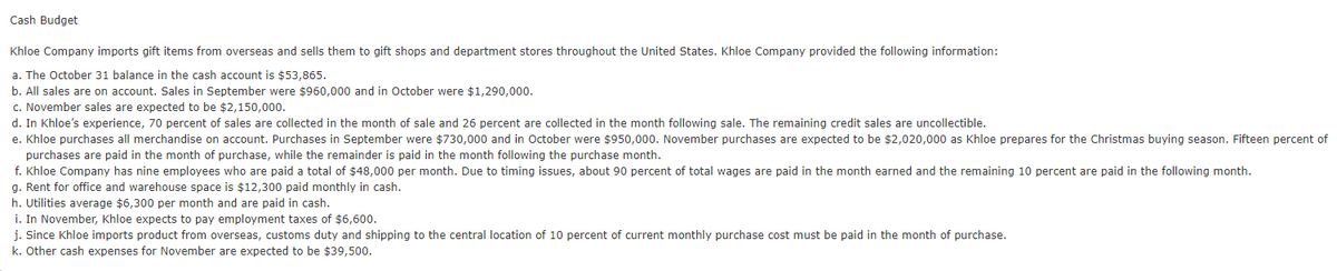 Cash Budget
Khloe Company imports gift items from overseas and sells them to gift shops and department stores throughout the United States. Khloe Company provided the following information:
a. The October 31 balance in the cash account is $53,865.
b. All sales are on account. Sales in September were $960,000 and in October were $1,290,000.
c. November sales are expected to be $2,150,000.
d. In Khloe's experience, 70 percent of sales are collected in the month of sale and 26 percent are collected in the month following sale. The remaining credit sales are uncollectible.
e. Khloe purchases all merchandise on account. Purchases in September were $730,000 and in October were $950,000. November purchases are expected to be $2,020,000 as Khloe prepares for the Christmas buying season. Fifteen percent of
purchases are paid in the month of purchase, while the remainder is paid in the month following the purchase month.
f. Khloe Company has nine employees who are paid a total of $48,000 per month. Due to timing issues, about 90 percent of total wages are paid in the month earned and the remaining 10 percent are paid in the following month.
g. Rent for office and warehouse space is $12,300 paid monthly in cash.
h. Utilities average $6,300 per month and are paid in cash.
i. In November, Khloe expects to pay employment taxes of $6,600.
j. Since Khloe imports product from overseas, customs duty and shipping to the central location of 10 percent of current monthly purchase cost must be paid in the month of purchase.
k. Other cash expenses for November are expected to be $39,500.
