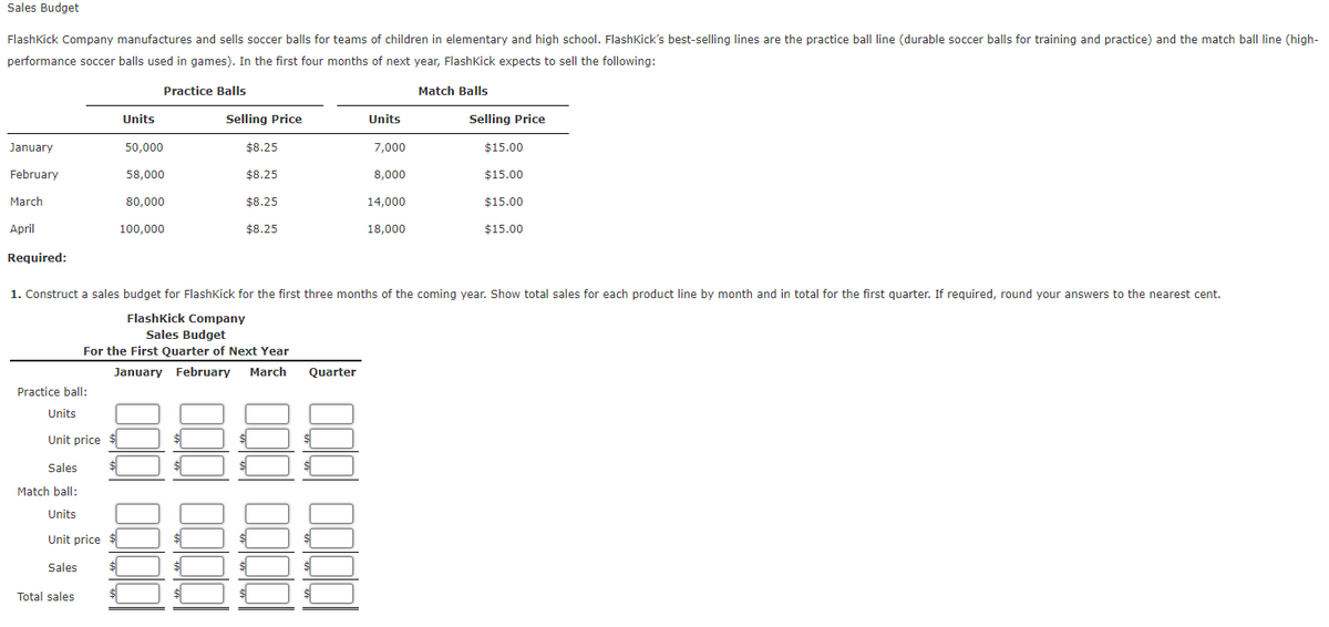 Sales Budget
FlashKick Company manufactures and sells soccer balls for teams of children in elementary and high school. FlashKick's best-selling lines are the practice ball line (durable soccer balls for training and practice) and the match ball line (high-
performance soccer balls used in games). In the first four months of next year, FlashKick expects to sell the following:
Practice Balls
Match Balls
Units
Selling Price
Units
Selling Price
January
50,000
$8.25
7,000
$15.00
February
58,000
$8.25
8,000
$15.00
March
80,000
$8.25
14,000
$15.00
April
100,000
$8.25
18,000
$15.00
Required:
1. Construct a sales budget for FlashKick for the first three months of the coming year. Show total sales for each product line by month and in total for the first quarter. If required, round your answers to the nearest cent.
FlashKick Company
Sales Budget
For the First Quarter of Next Year
January February March Quarter
Practice ball:
Units
Unit price
Sales
Match ball:
Units
Unit price $
Sales
Total sales
$
0000
100100
10000