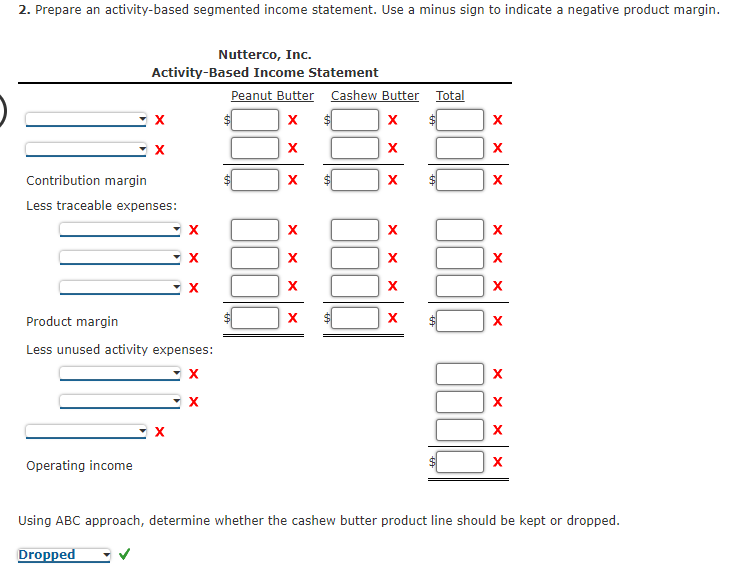 2. Prepare an activity-based segmented income statement. Use a minus sign to indicate a negative product margin.
Nutterco, Inc.
Activity-Based Income Statement
Peanut Butter
Cashew Butter
Total
X
X
X
X
X
X
Contribution margin
X
Less traceable expenses:
X
X
X
X
X
Product margin
X
X
Less unused activity expenses:
X
X
X
X
Operating income
Using ABC approach, determine whether the cashew butter product line should be kept or dropped.
Dropped
X
X X X
$
хх
X
X
X
X
хх
X
X
X
XX