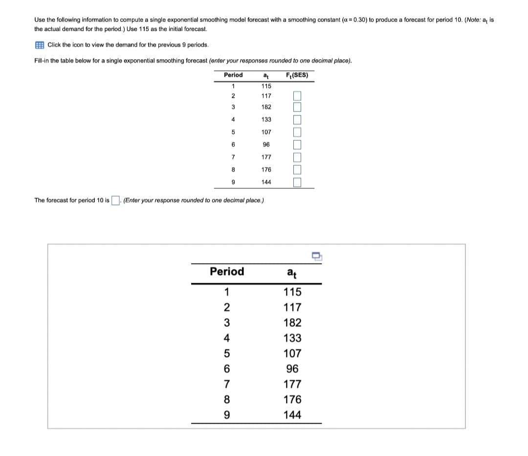 Use the following information to compute a single exponential smoothing model forecast with a smoothing constant (α = 0.30) to produce
the actual demand for the period.) Use 115 as the initial forecast.
Click the icon to view the demand for the previous 9 periods.
Fill-in the table below for a single exponential smoothing forecast (enter your responses rounded to one decimal place).
Period
F(SES)
1
2
3
4
5
6
7
8
9
The forecast for period 10 is
Period
1
115
117
182
23456789
133
107
96
177
176
(Enter your response rounded to one decimal place.)
144
U
at
115
117
182
133
107
96
177
176
144
forecast for period 10. (Note: a, is