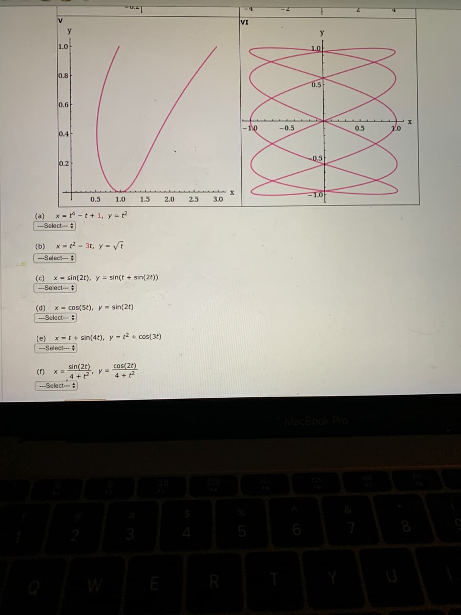 VI
y
1.0
1.0
0.8
0.5
0.6
-1.0
-0.5
0.5
0.4
0.5
0.2
1.0
0.5
1.0
1.5
2.0
2.5
3.0
(a)
x = t4 - t + 1, y = t2
-Select---
(b) x = t2 - 3t, y = VE
--Select--
(c)
x = sin(2t), y = sin(t + sin(2t))
-Select---
(d)
x = cos(5t), y = sin(2t)
--Select---
x = t + sin(4t), y = t2 + cos(3t)
(e)
---Select-- +
sin(2t)
4 + 2
cos(2t)
y =
4 + 2
(f)
---Select---
MacBook Pro
4
5
8
W
R
