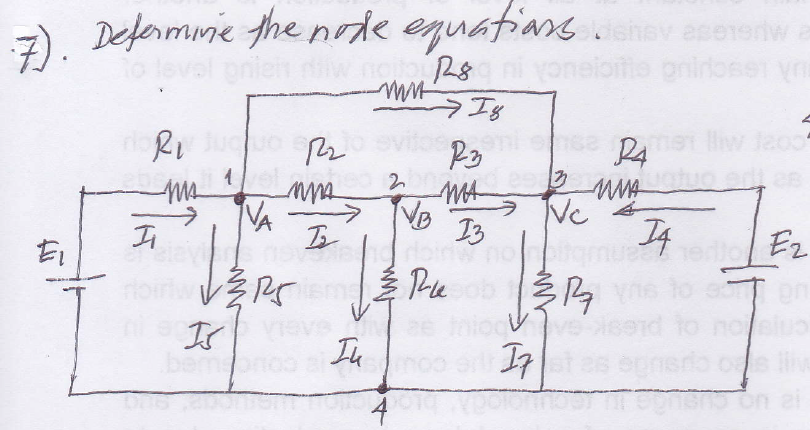 7). Deferminie the node equatians.
onien niiw
7).
anirosst yn
P4
me lw laoo
ma
VA
Nc
VB
14 Ez
Ton
ち
Pe
Ir
no
alua
s liv
