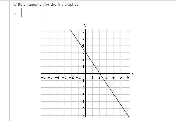 Write an equation for the line graphed.
y =
I
y
4
3
2
1
6
-6 -5 -4 -3 -2 -1
-1
-2
3
I
5
I
4
J
(5
1
2 3 4 5
6
X