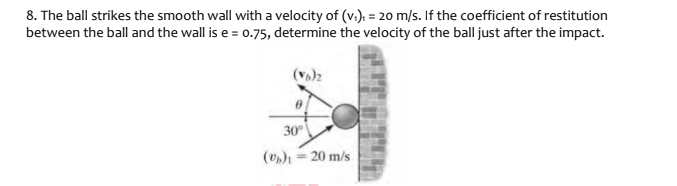 8. The ball strikes the smooth wall with a velocity of (v.), = 2o m/s. If the coefficient of restitution
between the ball and the wall is e = 0.75, determine the velocity of the ball just after the impact.
(v)2
30
(v)) = 20 m/s
