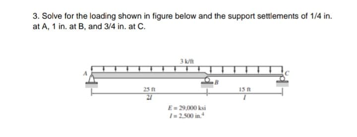 3. Solve for the loading shown in figure below and the support settlements of 1/4 in.
at A, 1 in. at B, and 3/4 in. at C.
3 k/ft
25 ft
21
15ft
E= 29,000 ksi
1 = 2,500 in.“
